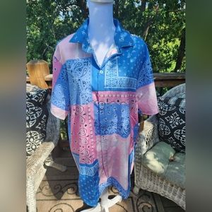 ROMWE Sz XXL Patchwork Bandana Print Shirt Men's Blue/Pink/White S/S Light